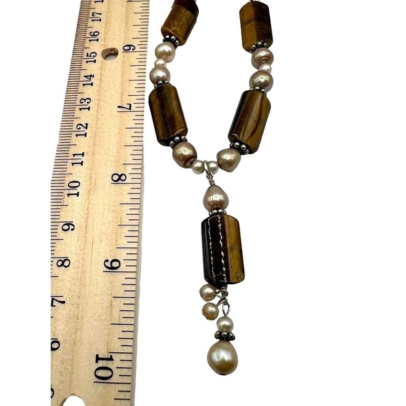 Tiger's Eye & Genuine Pearl Necklace With Silver Accents    A39 - Picture 9 of 9